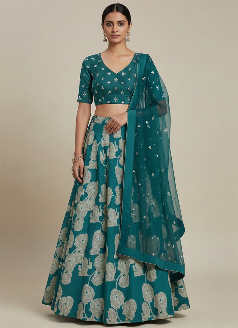 Blue Faux Georgette Zari Hand Embroidered Sequins Lehenga Wedding Wear