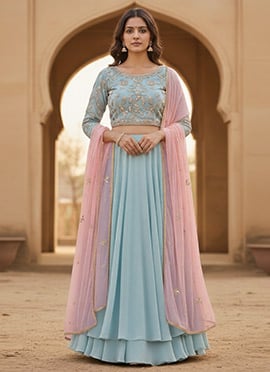 Blue Faux Georgette Zari Hand Embroidered Sequins Lehenga