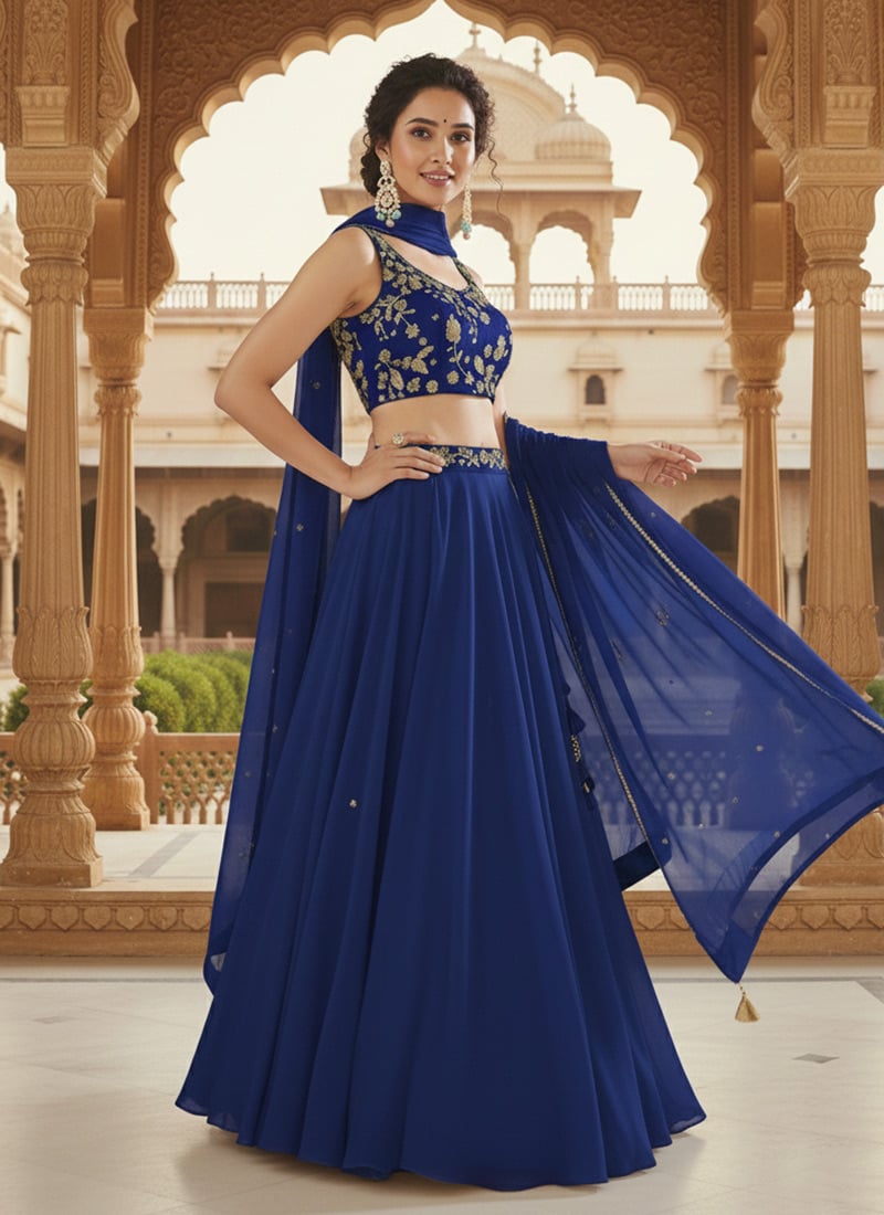 Blue Faux Georgette Zari Hand Embroidered Sequins Stone Work Lehenga Wedding Wear