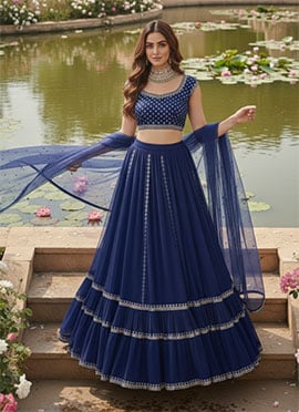 Blue Faux Georgette Zari Hand Embroidered Sequins With Stone Work Lehenga