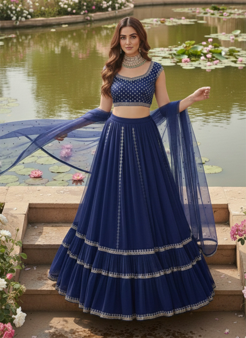 Blue Faux Georgette Zari Hand Embroidered Sequins With Stone Work Lehenga Wedding Wear