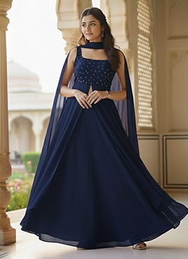 Blue Faux Georgette Zari Long Choli Lehenga