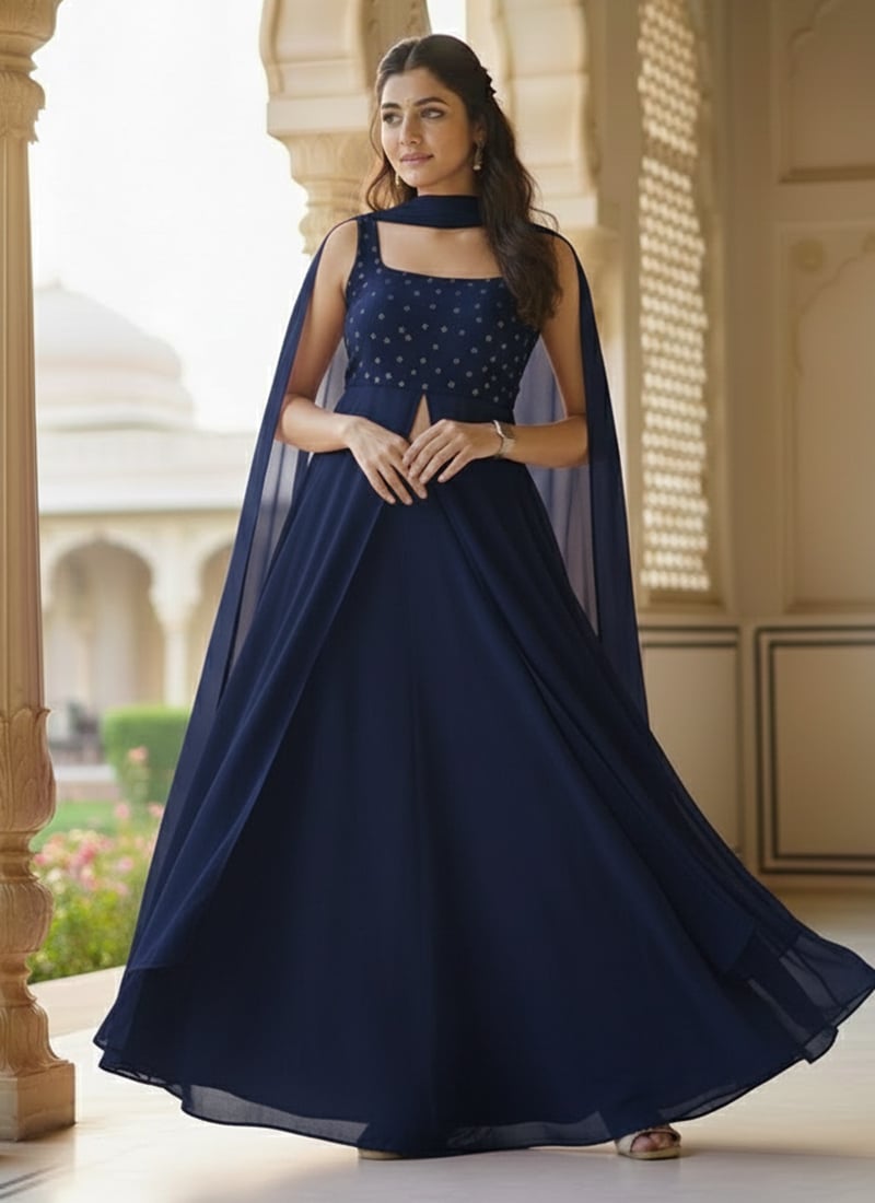Blue Faux Georgette Zari Lehenga Wedding Wear