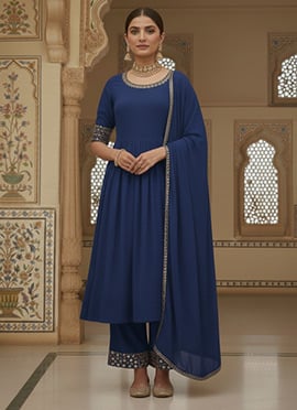 Blue Faux Georgette Zari Mirror Work Hand Embroidered Anarkali Suit