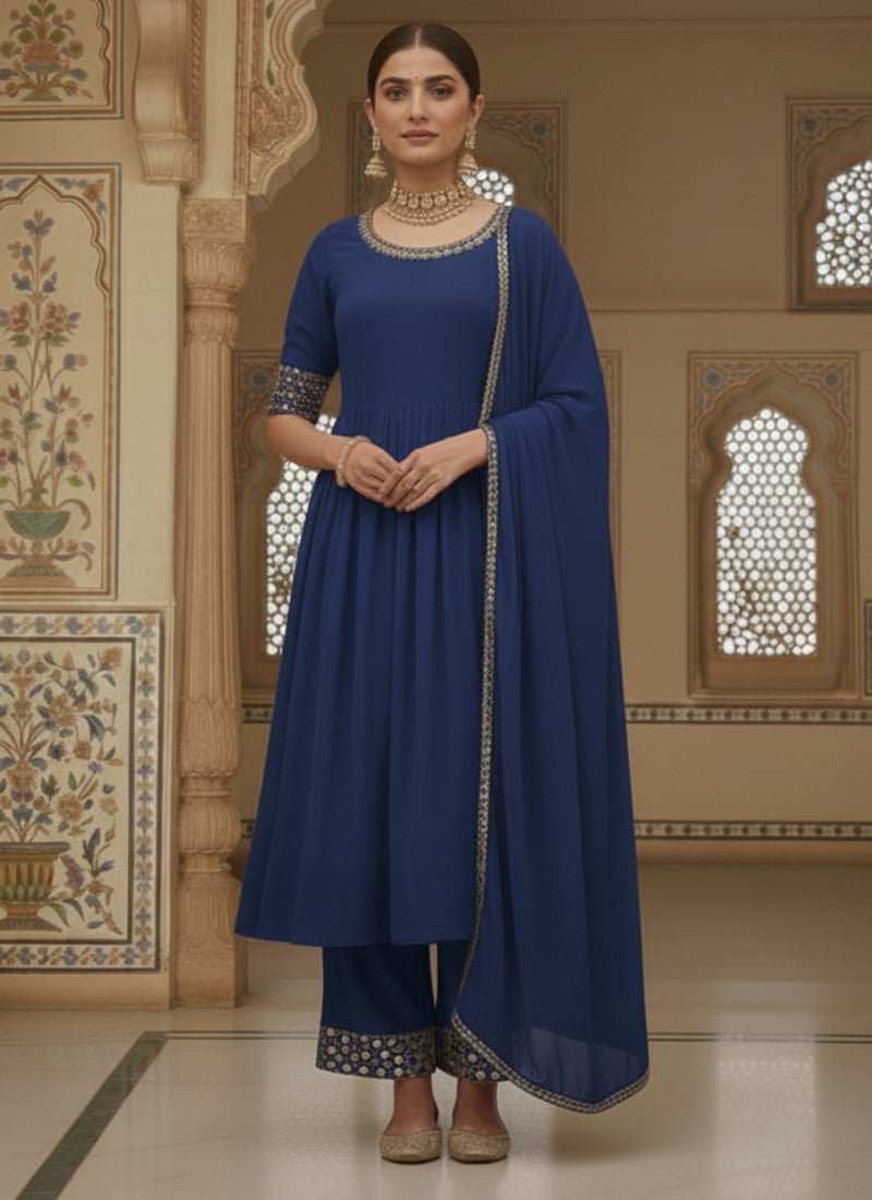 Blue Faux Georgette Zari Mirror Work Hand Embroidered Anarkali Suit Festive Wear
