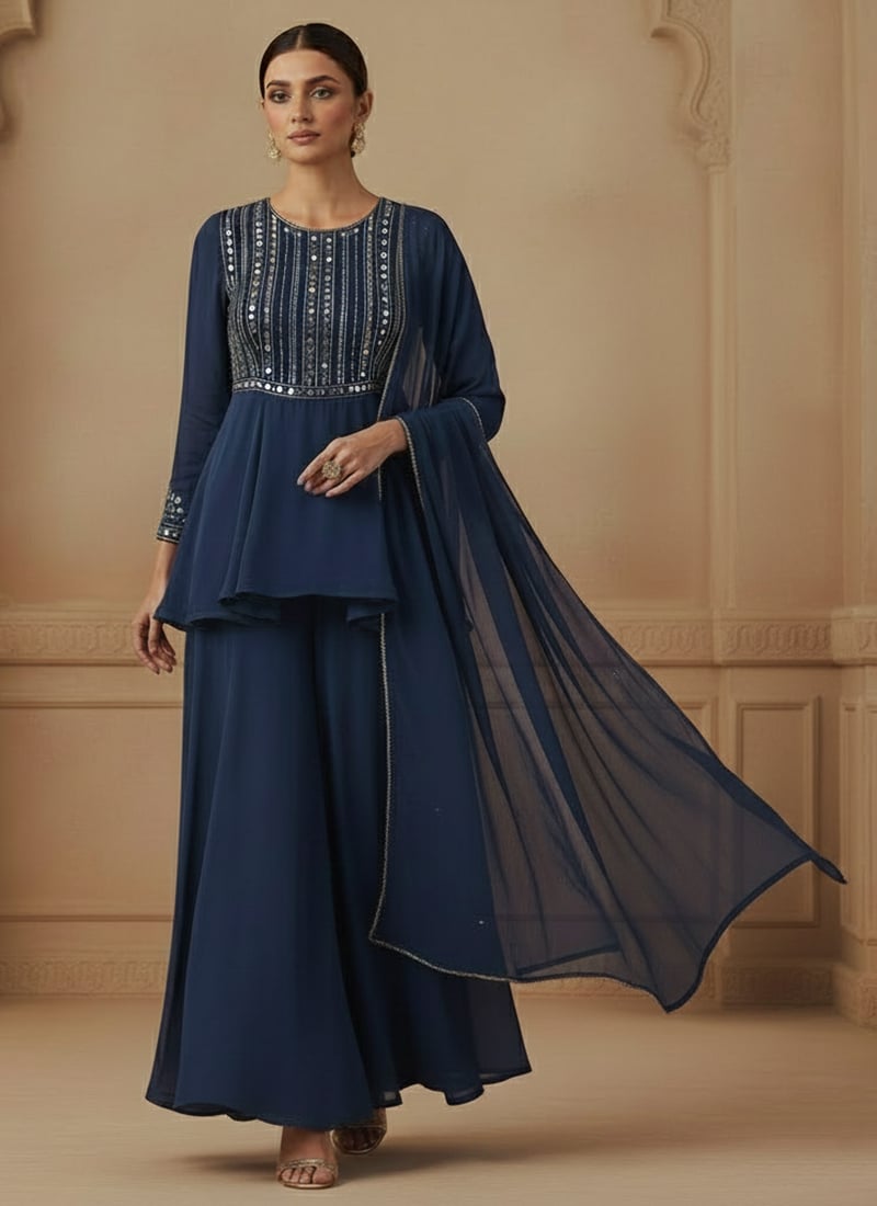 Blue Faux Georgette Zari Mirror Work Hand Embroidered Palazzo Suit Festive Wear