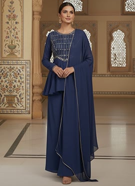 Blue Faux Georgette Zari Mirror Work Hand Embroidered Palazzo Suit