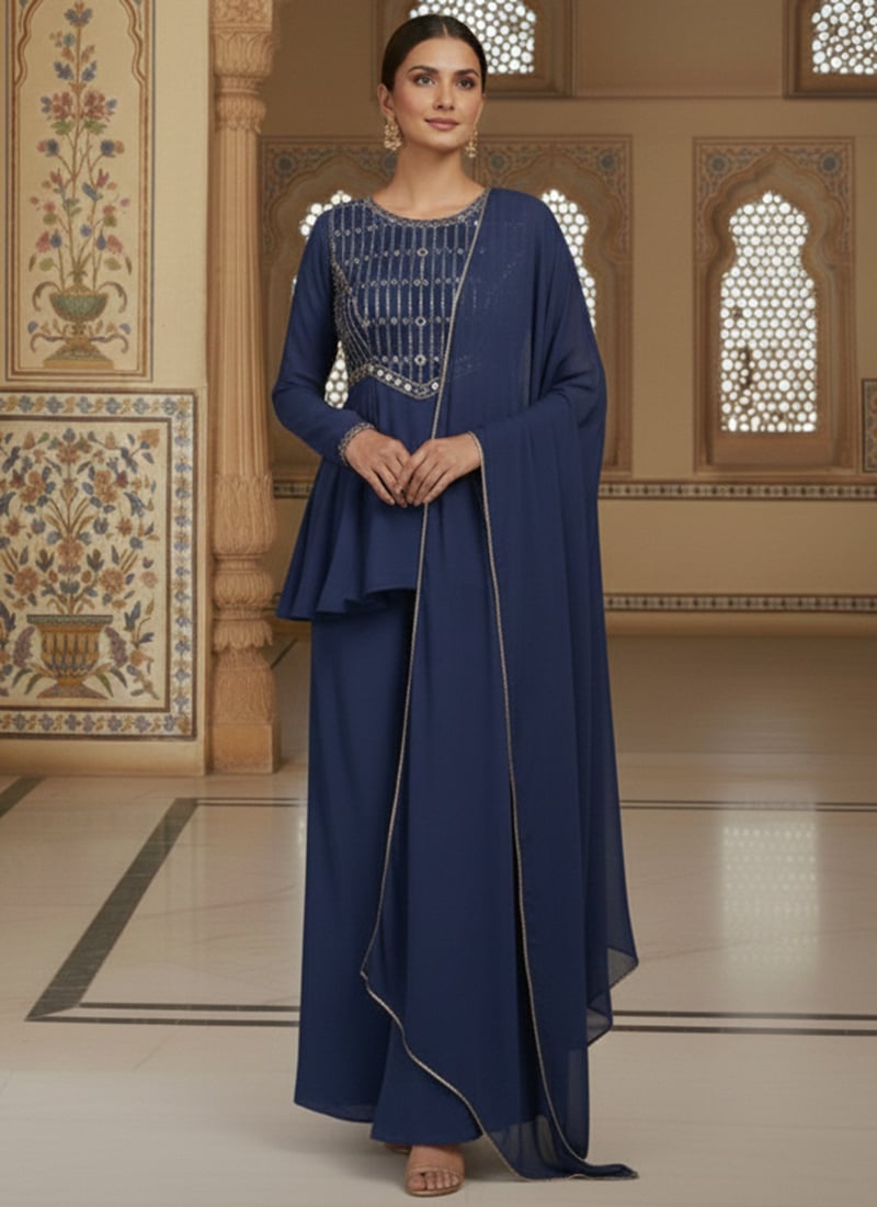 Blue Faux Georgette Zari Mirror Work Hand Embroidered Palazzo Suit Festive Wear