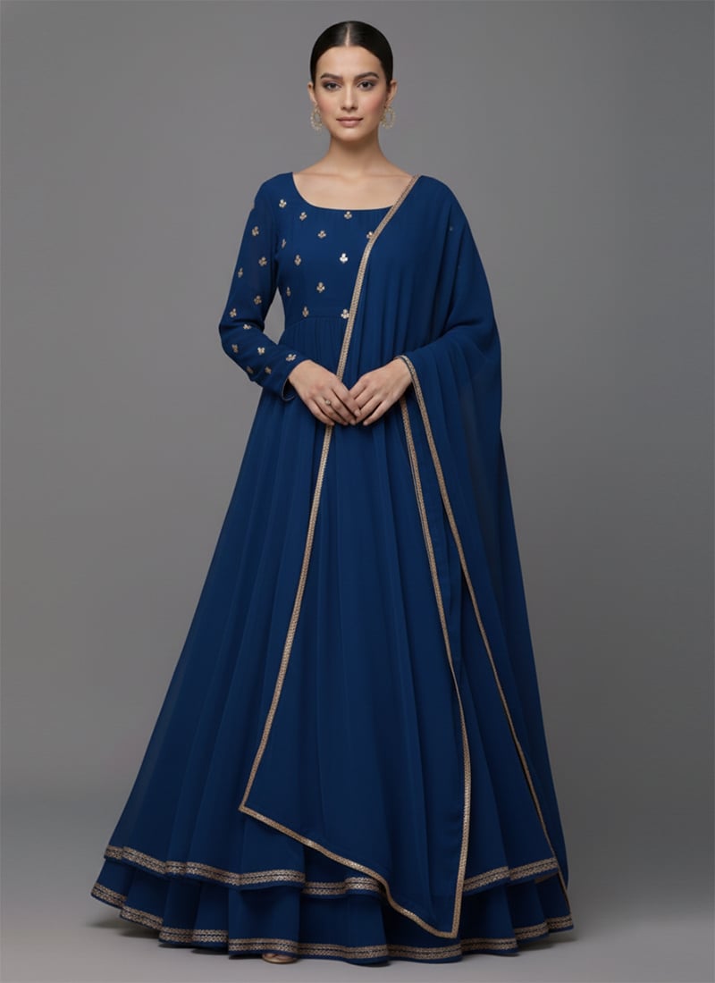 Blue Faux Georgette Zari Sequins Anarkali Style Lehenga Set Festive Wear
