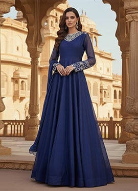 Blue Faux Georgette Zari Sequins Anarkali Suit