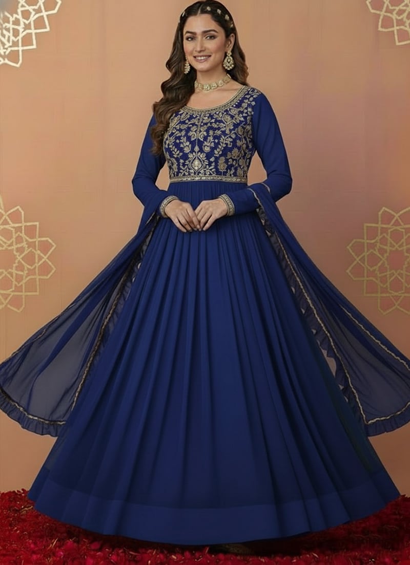 Blue Faux Georgette Zari Sequins Anarkali Suit Festive Wear