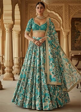 Blue Faux Georgette Zari Sequins Digital Print Lehenga Set