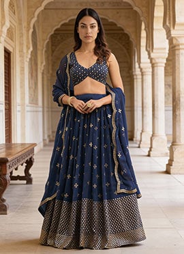 Blue Faux Georgette Zari Sequins Embroidered A Line Lehenga