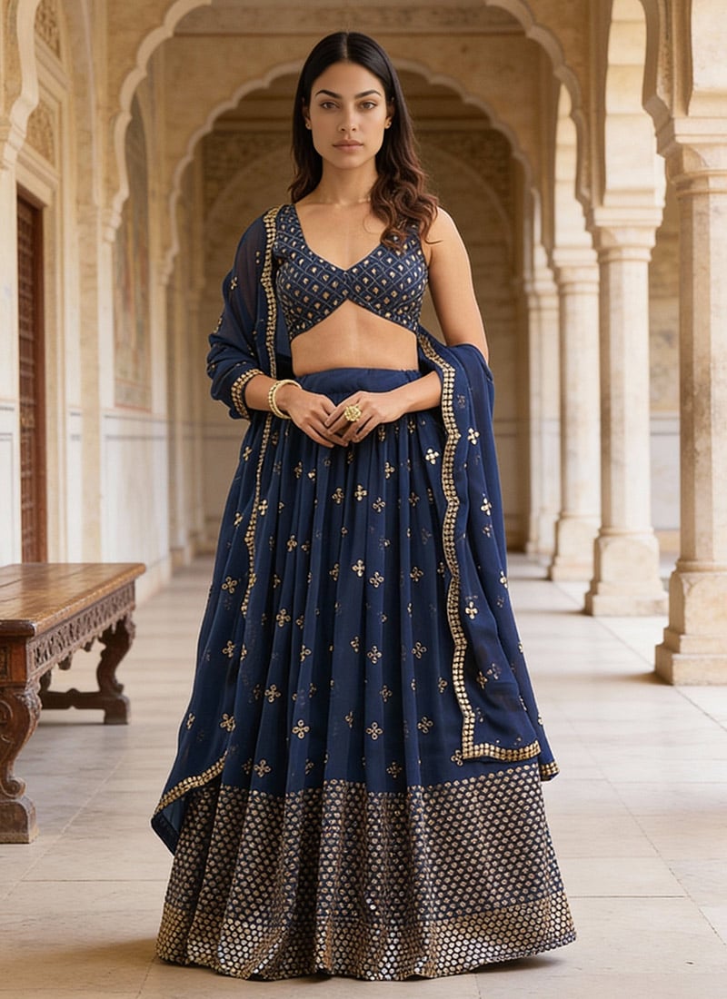 Blue Faux Georgette Zari Sequins Embroidered A Line Lehenga Wedding Wear