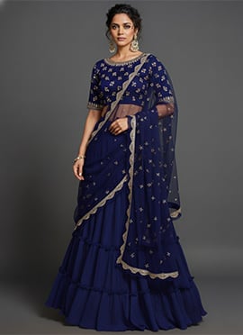 Blue Faux Georgette Zari Sequins Foil Embroidered Lehenga Set