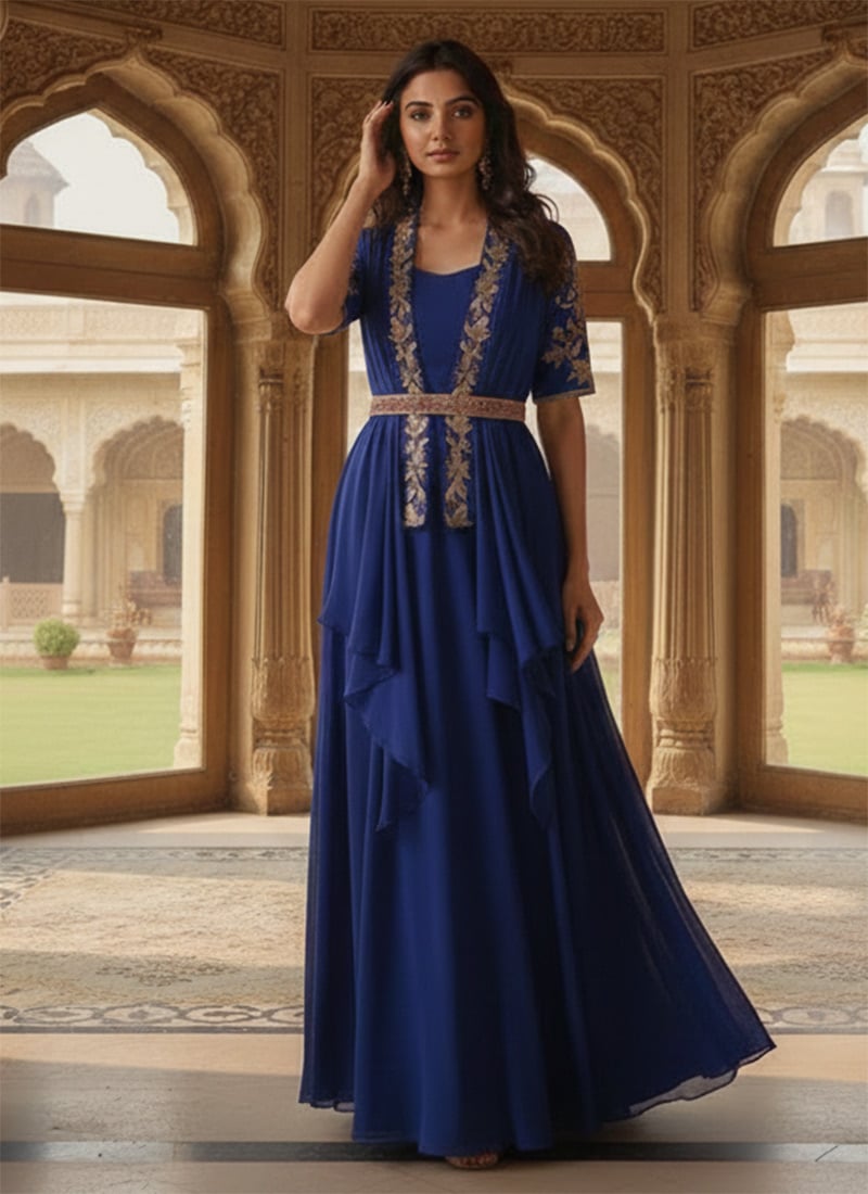 Blue Faux Georgette Zari Sequins Gown After Six Wear