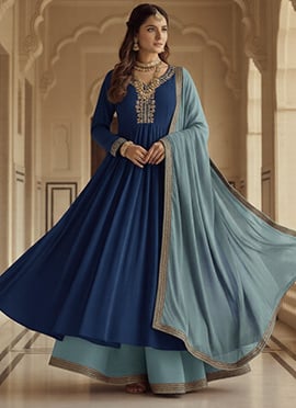 Blue Faux Georgette Zari Sequins Hand Embroidered Anarkali Suit