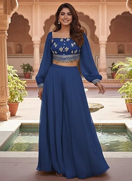 Blue Faux Georgette Zari Sequins Indowestern Palazzo Set