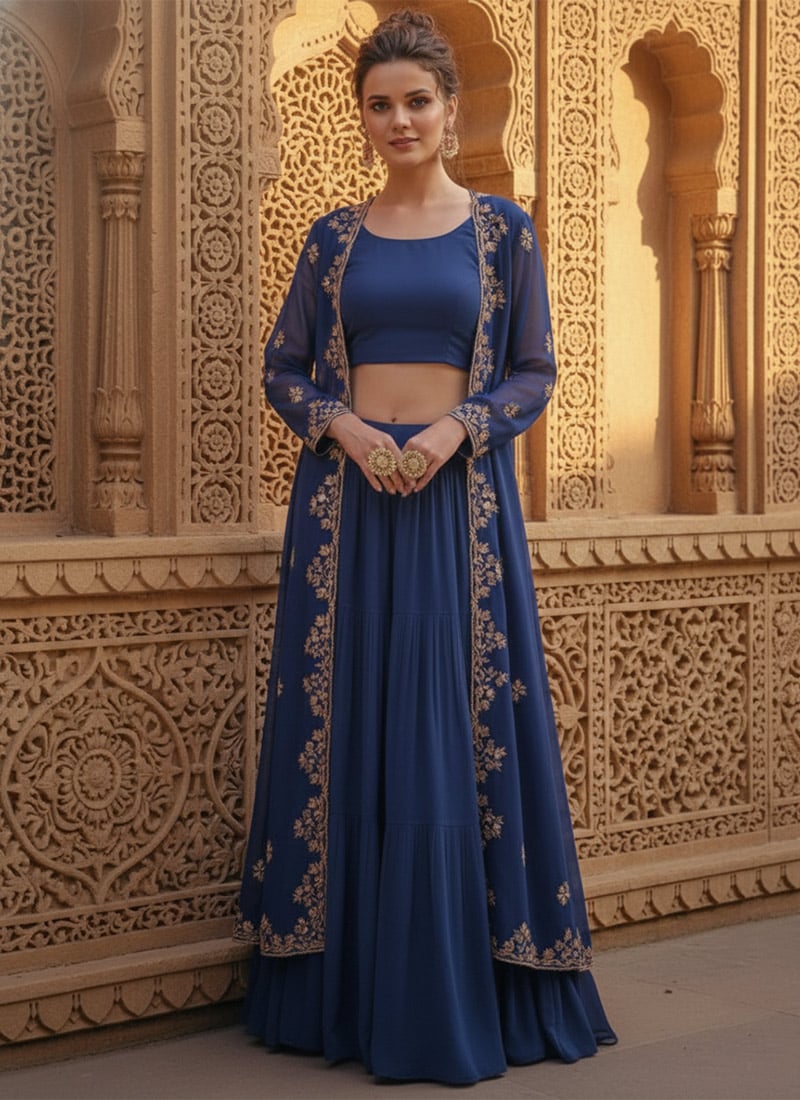 Blue Faux Georgette Zari Sequins Indowestern Set Wedding Wear