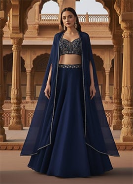 Blue Faux Georgette Zari Sequins Indowestern Skirt Set With Jacket