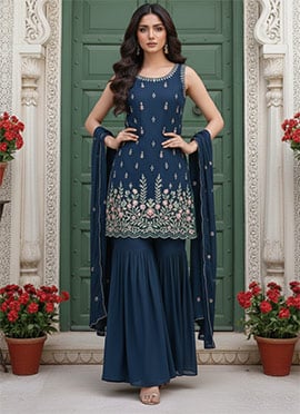 Blue Georgette Zari Sequins Resham Sharara Suit