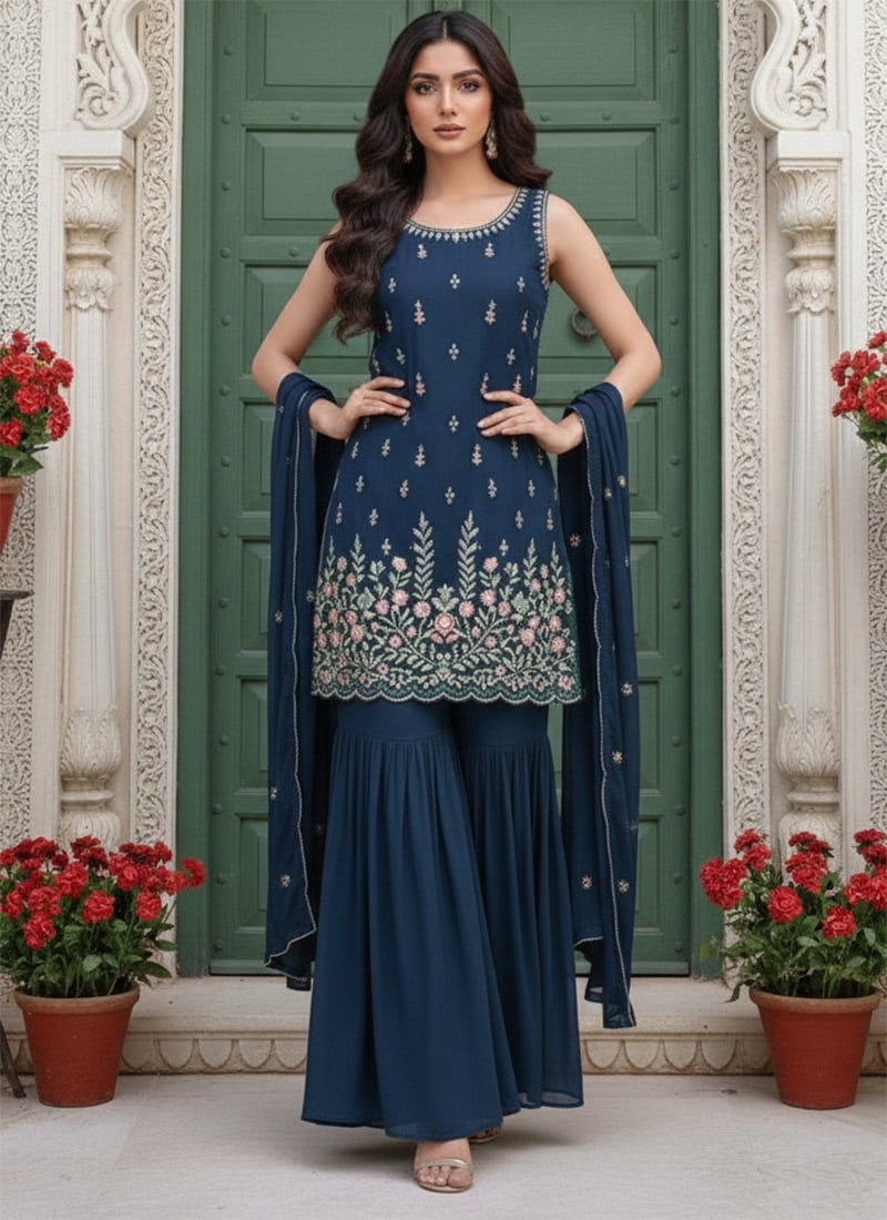 Blue Faux Georgette Zari Sequins Resham Sharara Suit Festive Wear