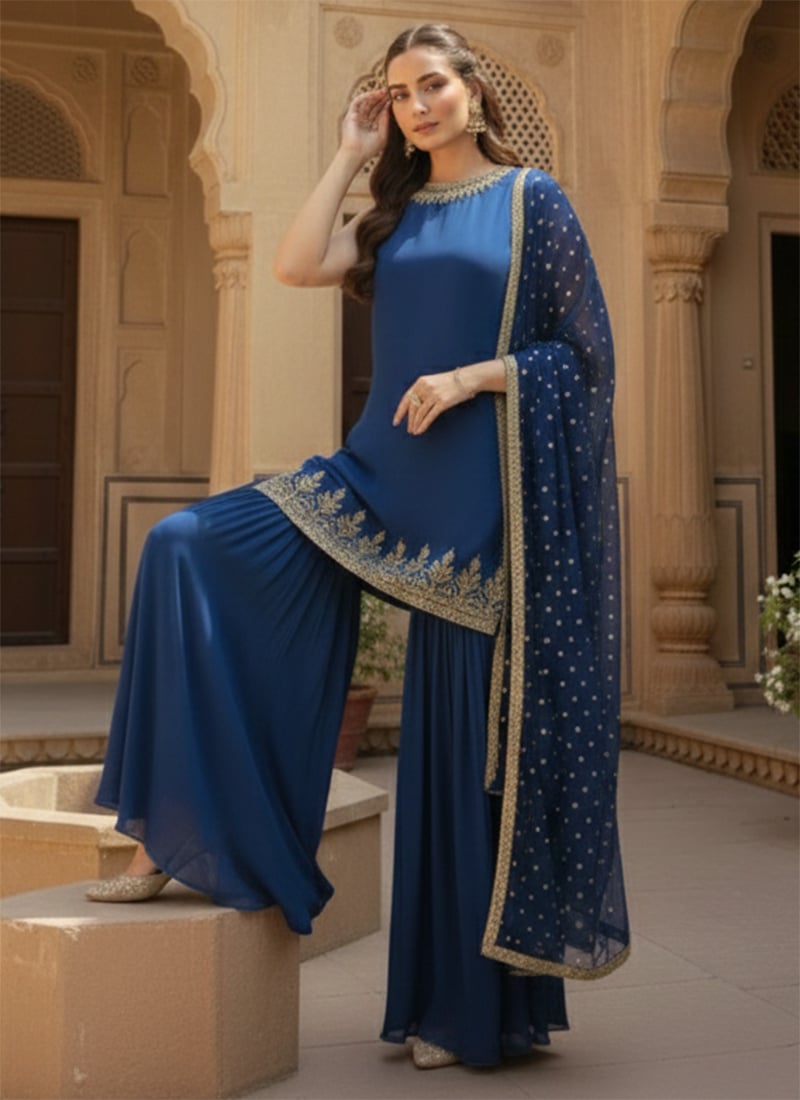 Blue Faux Georgette Zari Sequins Sharara Suit Wedding Wear