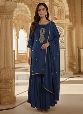 Blue Faux Georgette Zari Sequins Sharara Suit