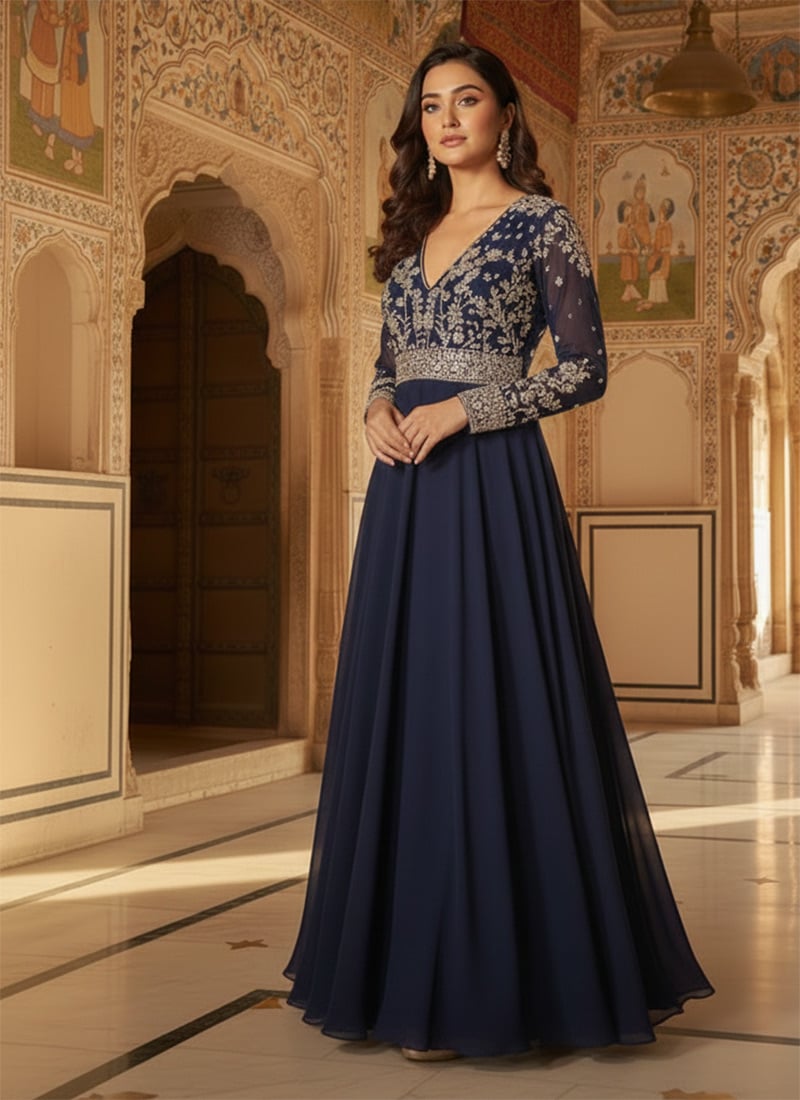 Blue Faux Georgette Zari Sequins Stones Hand Embroidered Cut Dana Gown After Six Wear