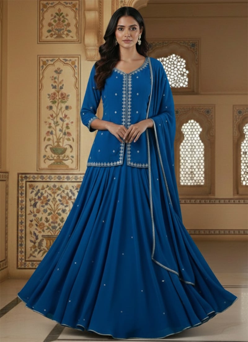 Blue Faux Georgette Zari Stone Work Long Choli Lehenga Festive Wear