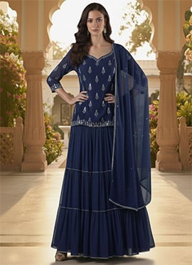 Blue Faux Georgette Zari Stone Work Long Choli Lehenga