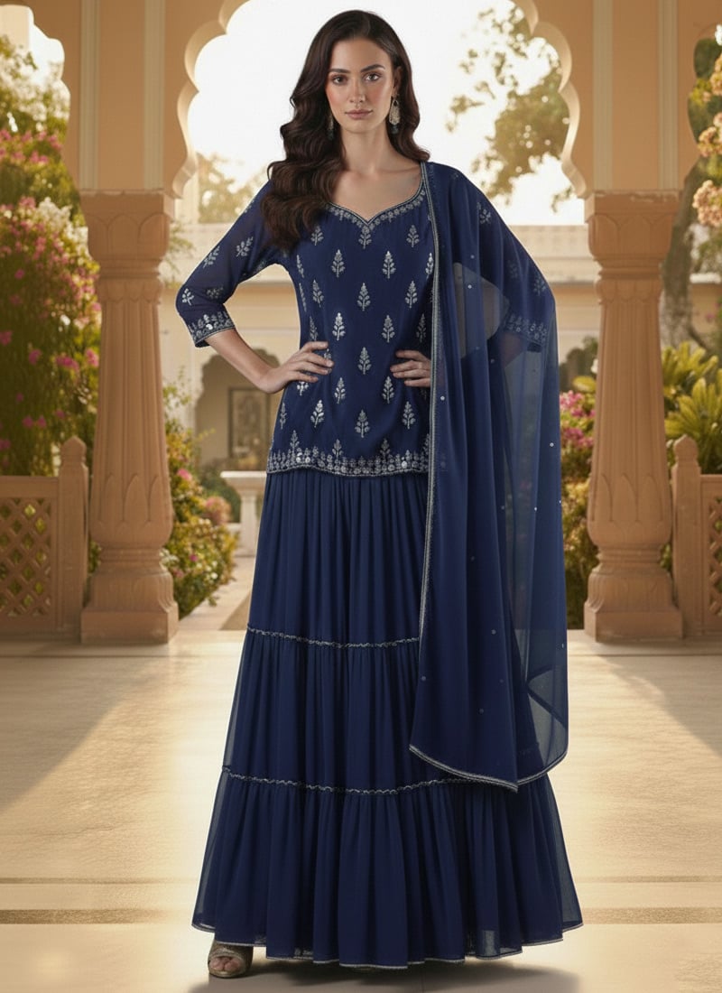 Blue Faux Georgette Zari Stone Work Long Choli Lehenga Festive Wear