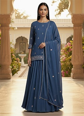 Blue Faux Georgette Zari Stones Long Choli Lehenga