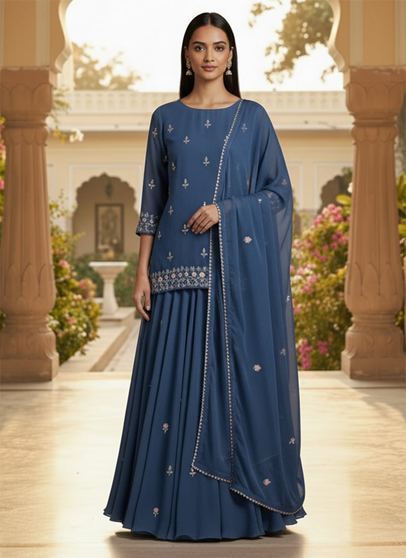 Blue Faux Georgette Zari Stones Long Choli Lehenga Festive Wear