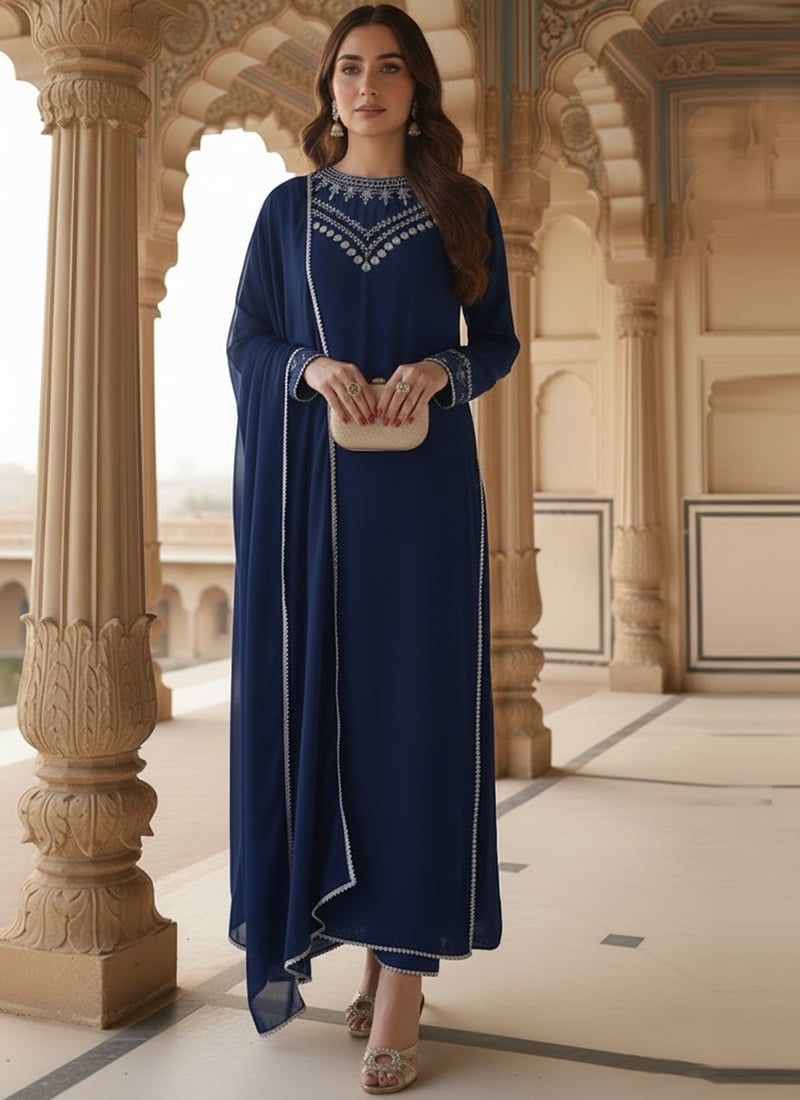 Blue Faux Georgette Zari Stones Straight Pant Suit Festive Wear