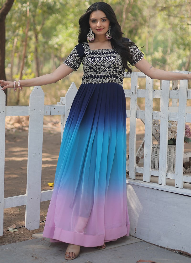 Blue Faux Georgette Zari Traditional Anarkali Gown With Embroidery And Sequins Party Wear