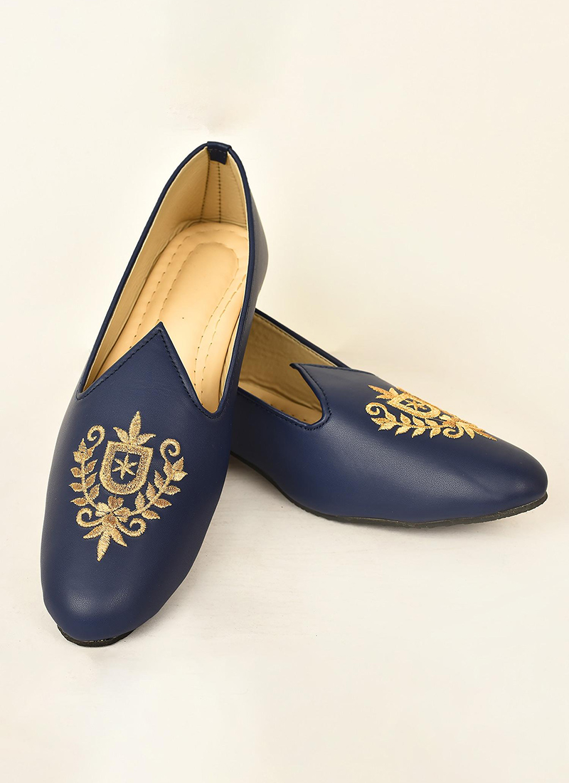 Blue Faux Leather Embroidered Men Footwear MFWMRG289