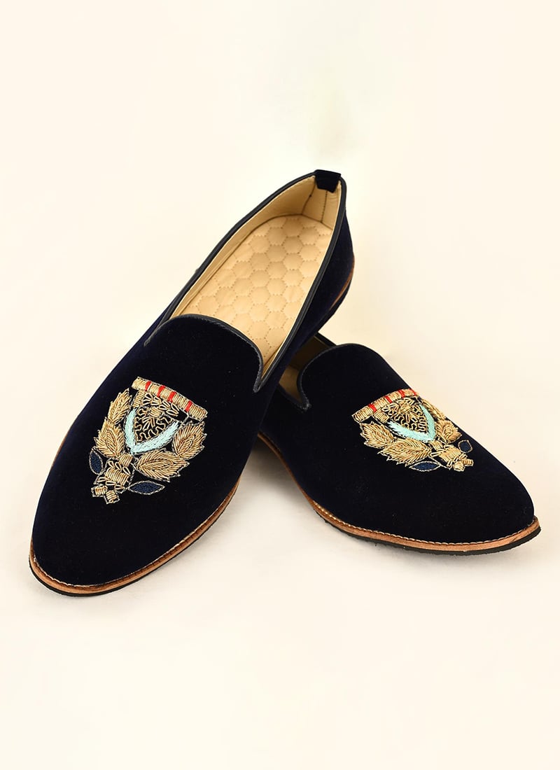 Blue Faux Leather Embroidered Men Footwear MFWMRG302