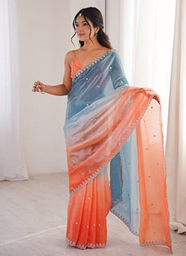 Blue Fendi Satin Embroidered Sequins Saree