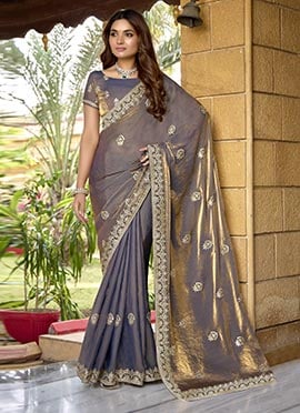 Blue Fendi Satin Zari And Gota Work Embroidered Saree