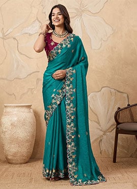 Blue Fendy Chiffon Sequins Embroidered Saree
