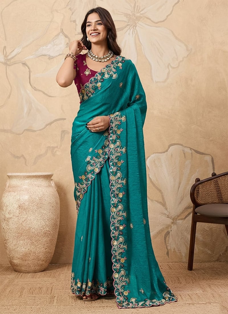 Blue Fendy Chiffon Sequins Embroidered Saree Festive Wear