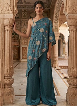 Blue Fendy Silk Embroidered Indowestern Palazzo Set