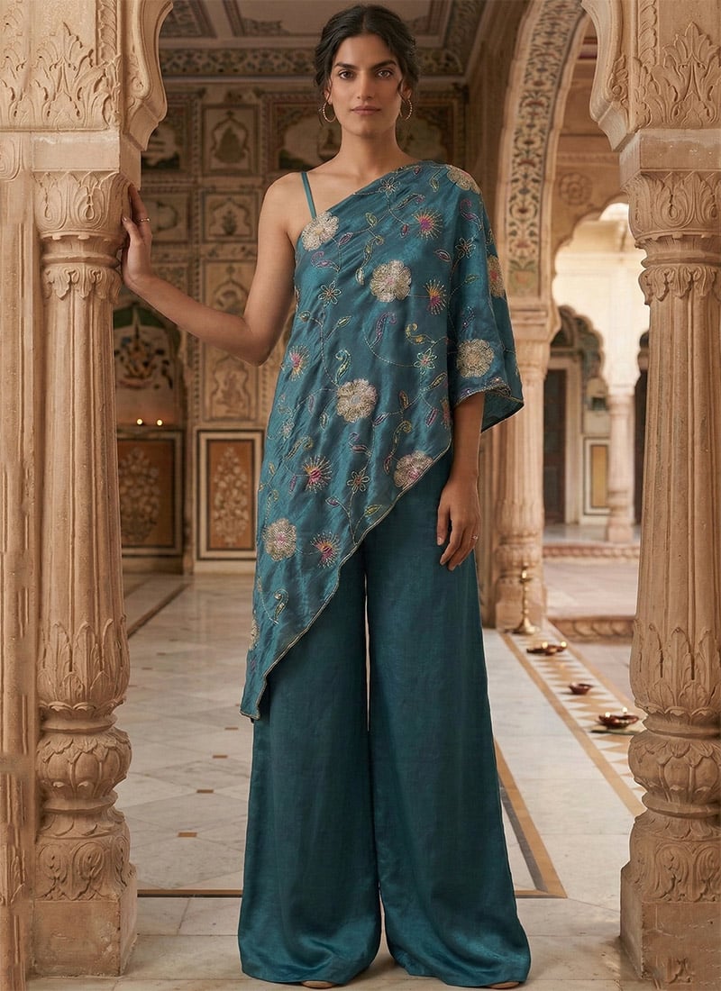 Blue Fendy Silk Embroidered Indowestern Palazzo Set Wedding Wear