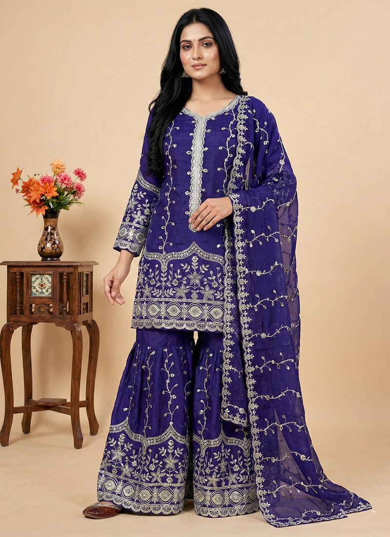 Blue Fendy Silk Embroidered Sequins Sharara Suit Festive Wear