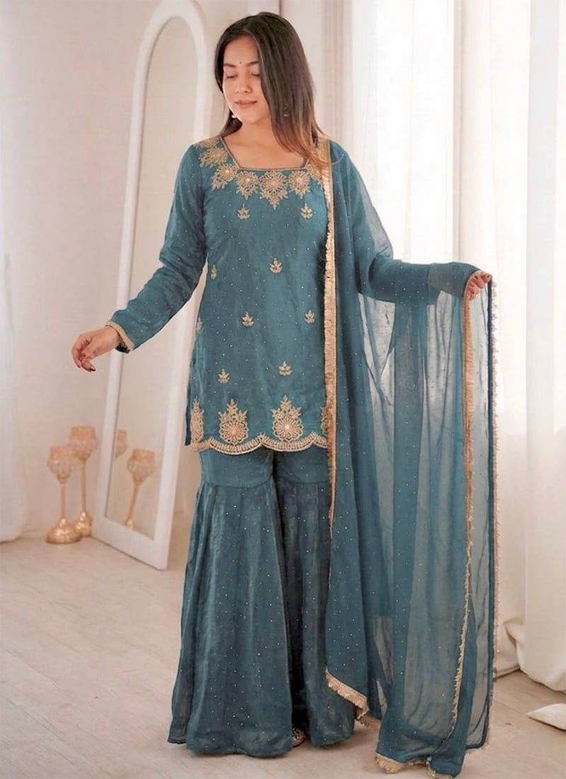 Blue Fendy Silk Embroidered Sequins With Stone Work Sharara Suit Festive Wear
