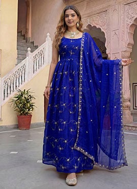 Blue Fendy Silk Embroidered Sequins Zari Anarkali Suit