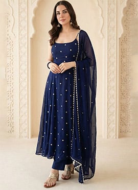 Blue Fendy Silk Sequin Anarkali Suit