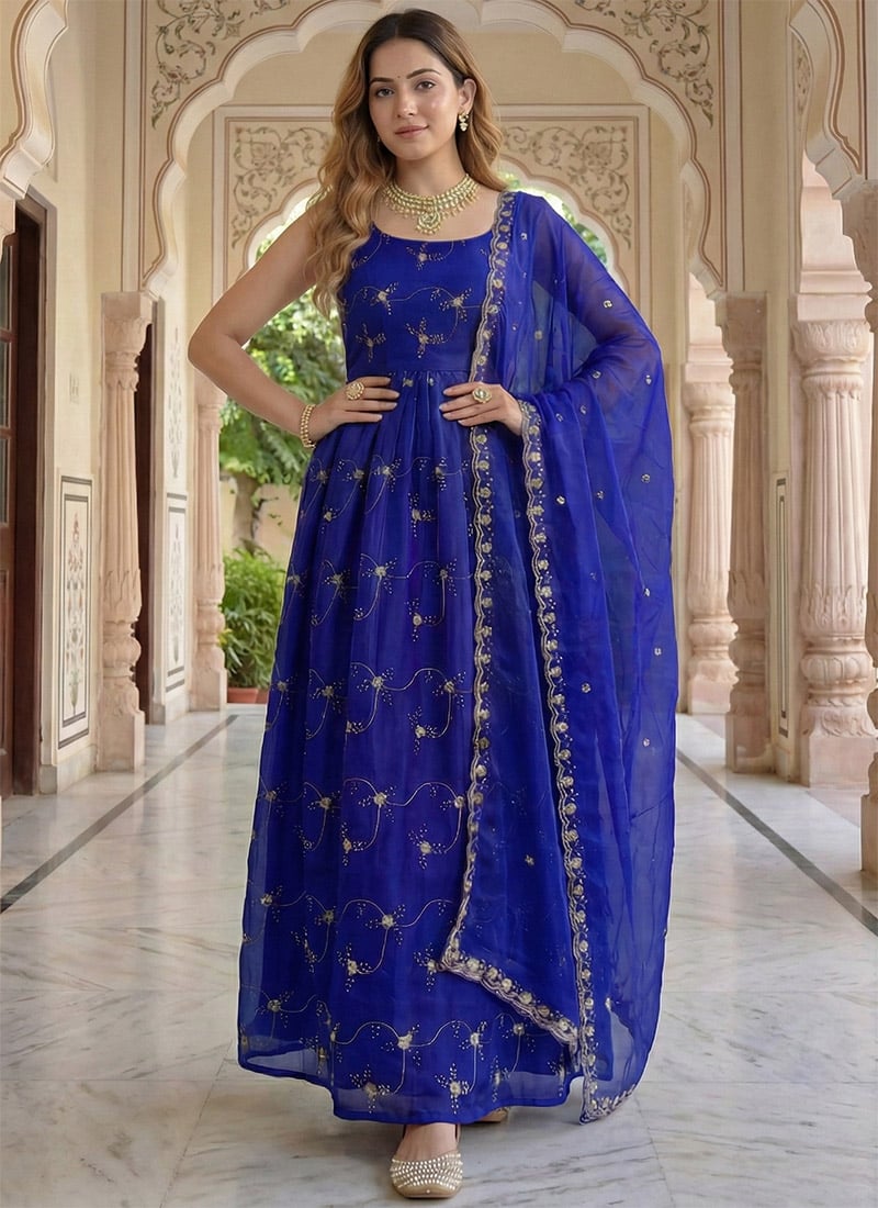 Blue Fendy Silk Zari Embroidered Sequins Anarkali Suit Festive Wear