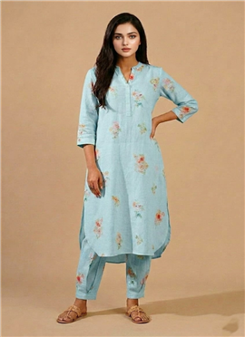 Blue Floral Cotton Straight Kurta With Straight Pants